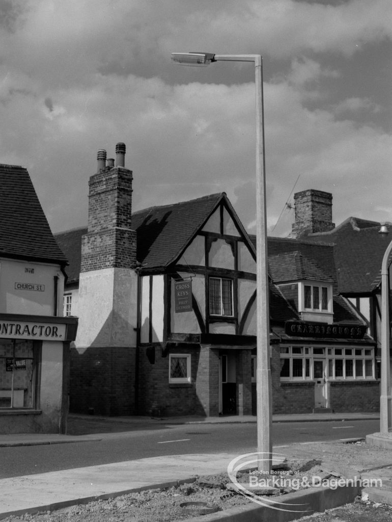 Street lighting, showing new models in front of the Chequers Public House,  Dagenham, 1968