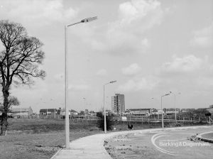 Street lighting, showing three columns overhanging Church Lane, Dagenham [Ballards Road end], 1968