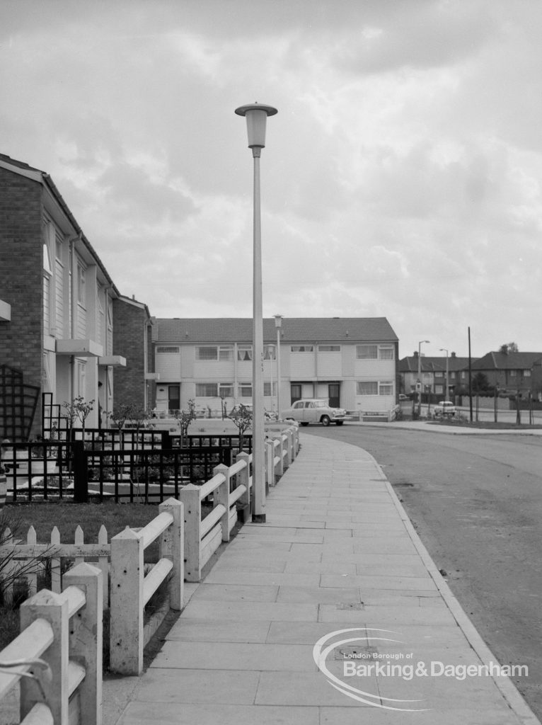 Street lighting, showing single lantern type in Church Lane, Dagenham, looking from south, 1968