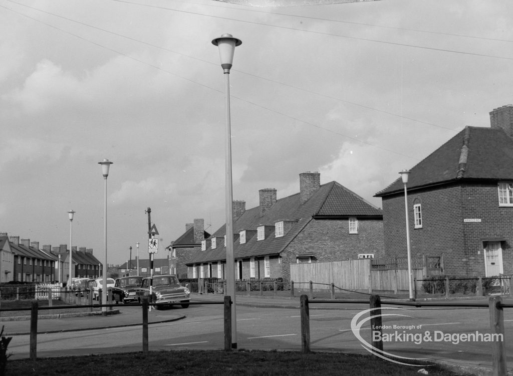 Street lighting, showing lantern type lamps in Church Lane, Dagenham at road junction, 1968