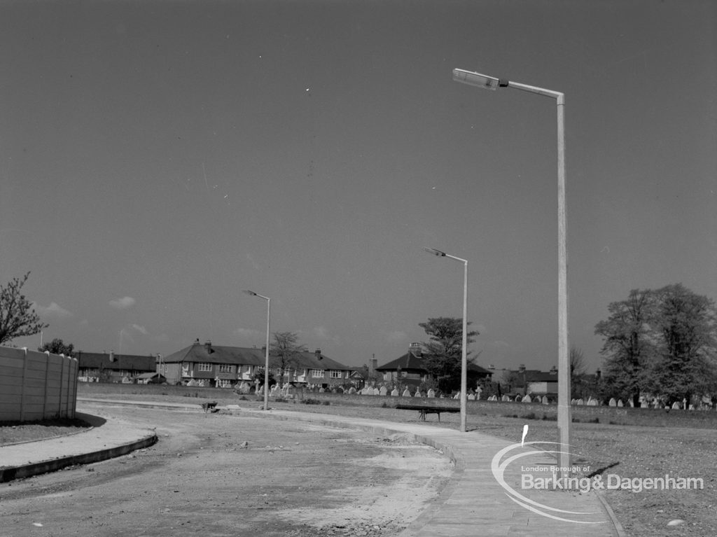 Street lighting, showing three columns on curved slip-road in Church Lane, Dagenham, taken from Ballards Road end, 1968