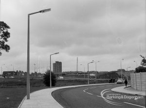 Street lighting, showing three columns on curve of Church Lane, Dagenham, 1968