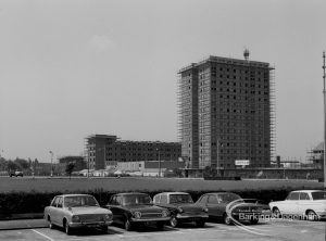 Becontree Heath housing development, showing north-east block and houses from steps of Civic Centre, 1968