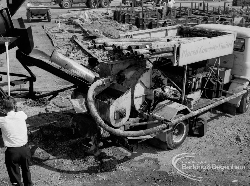 Housing development at Castle Green site in Gorebrook Road and Ripple Road, showing the powered concrete pump on wheels, 1968