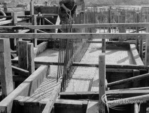 Housing development at Castle Green site in Gorebrook Road and Ripple Road, showing steel rods protruding from concrete, 1968