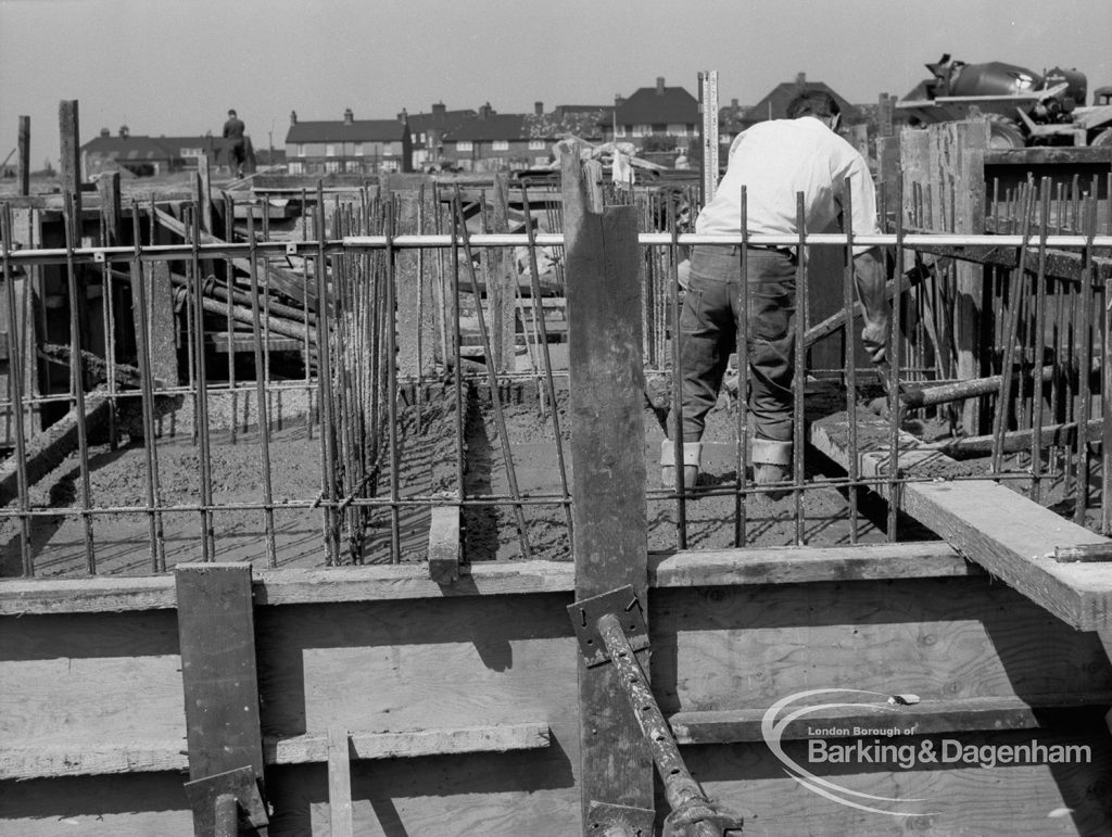 Housing development at Castle Green site in Gorebrook Road and Ripple Road, showing foundations for blocks, 1968