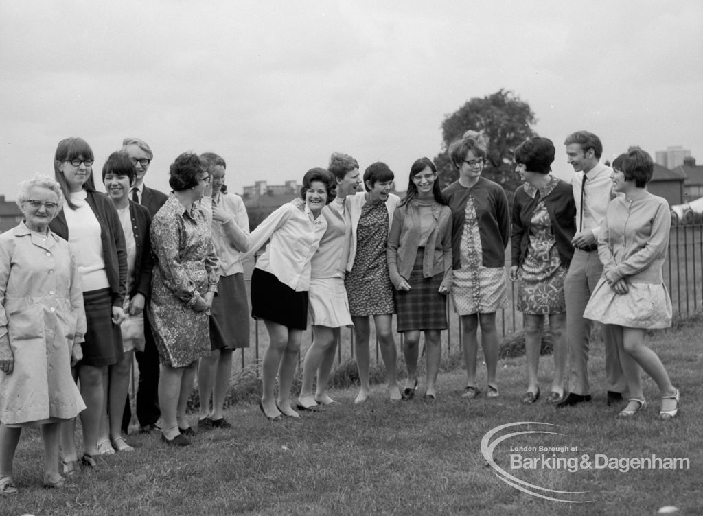 London Borough of Barking Libraries staff, showing farewell party at Wantz Library for Miss V Thurman, 1968