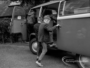 Child Welfare at Woodstock Hall House, Harold Wood, showing boys entering minibus, 1968