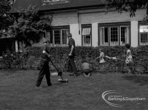 Child Welfare at Tudor House, 212 Becontree Avenue, Dagenham, showing the house and residents tidying and sweeping garden, 1968
