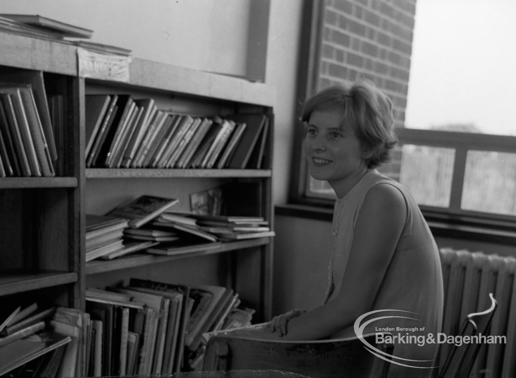 London Borough of Barking Libraries staff at Rectory Library, showing Miss Margaret J Clark, now Mrs L Thompson, 1968