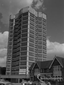 Building development, showing Crown House, Linton Road, Barking newly completed and The Brewery Tap Public House, 1968