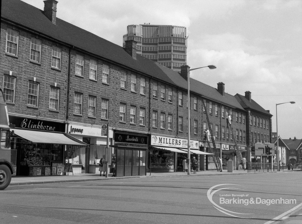 Building development, showing shops and housing in London Road, Barking with Crown House in background, 1968