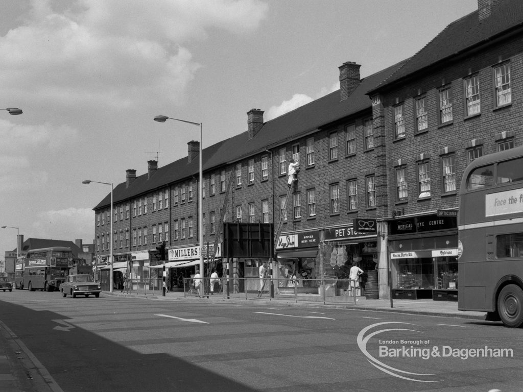 Shops and housing in London Road, Barking, south side, facing east, 1968