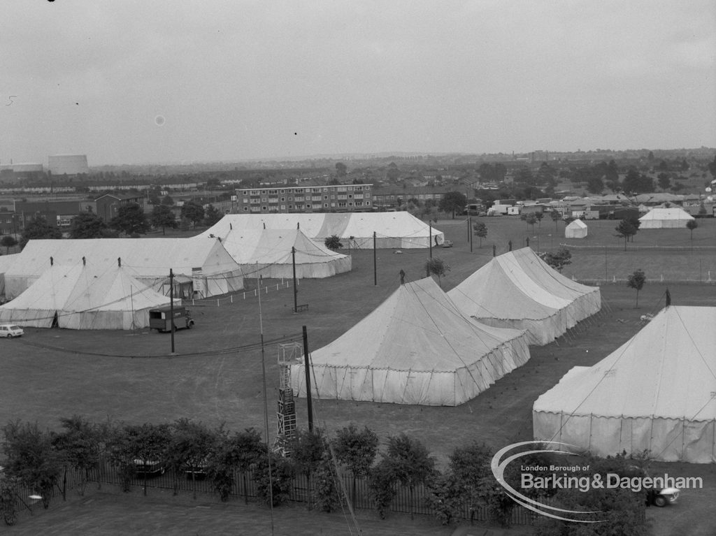 Dagenham Town Show 1968 marquees, showing seven marquees scattered over site and taken from roof of Civic Centre, 1968