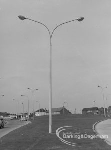 Individual aluminium lighting columns in Siviter Way area, Dagenham, showing twin head streetlights near junction of Ballards Road and Rainham Road South, 1968