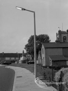 Individual aluminium lighting columns in Siviter Way area, Dagenham, showing single streetlight set back from kerb in Church Lane, 1968