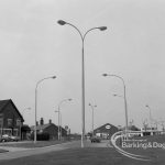 Individual aluminium lighting columns in Siviter Way area, Dagenham, showing mixed standards at junction of Ballards Road and Rainham Road South, 1968