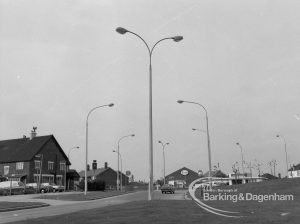 Individual aluminium lighting columns in Siviter Way area, Dagenham, showing mixed standards at junction of Ballards Road and Rainham Road South, 1968