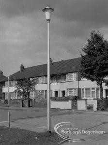 Individual aluminium lighting columns in Siviter Way area, Dagenham, showing upright single lantern type [possibly in St Giles Avenue], 1968