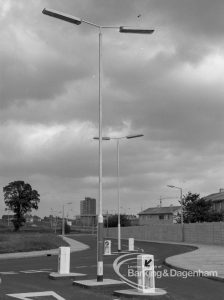 Individual aluminium lighting columns in Siviter Way area, Dagenham, showing T-topped columns at Siviter Way junction, 1968