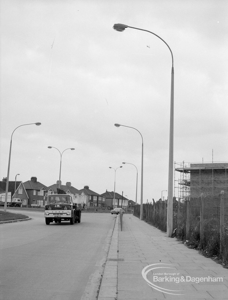 Individual aluminium lighting columns in Siviter Way area, Dagenham, showing several columns in Ballards Road, 1968