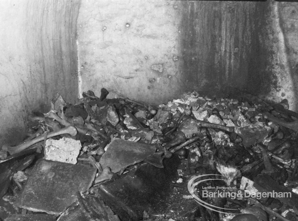 St Margaret’s Church, Barking, showing rear half of Cambell family vault following discovery of lead coffin and bones of Sir Thomas Cambell, 1968