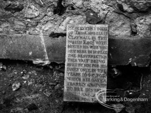 St Margaret’s Church, Barking, showing the engraved tablet dislodged by workmen from interior of the Cambell family vault, and preparation of new course for drain, following discovery of lead coffin and bones of Sir Thomas Cambell, 1968
