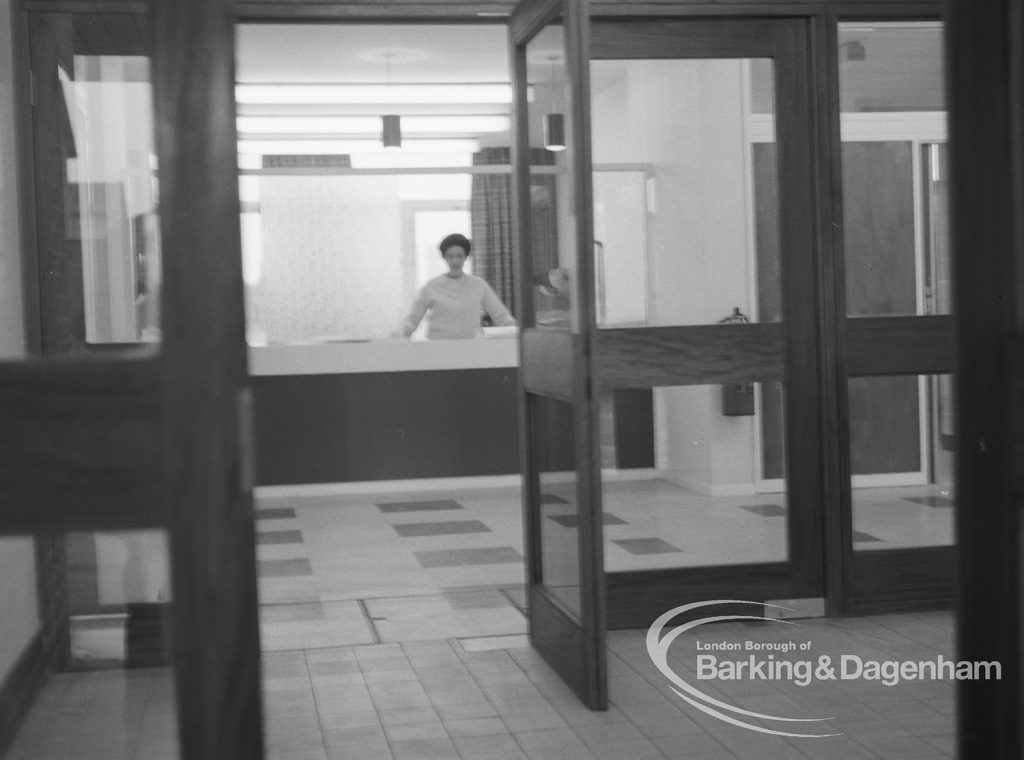 Welfare, showing Leys Avenue Occupational Centre for the Physically Handicapped, Dagenham, with entrance and reception desk [building officially opened 15 October], 1968