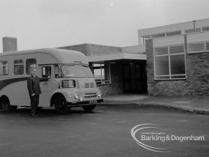 Welfare, showing exterior view of Leys Avenue Occupational Centre for the Physically Handicapped, Dagenham, with main entrance and van, 1968