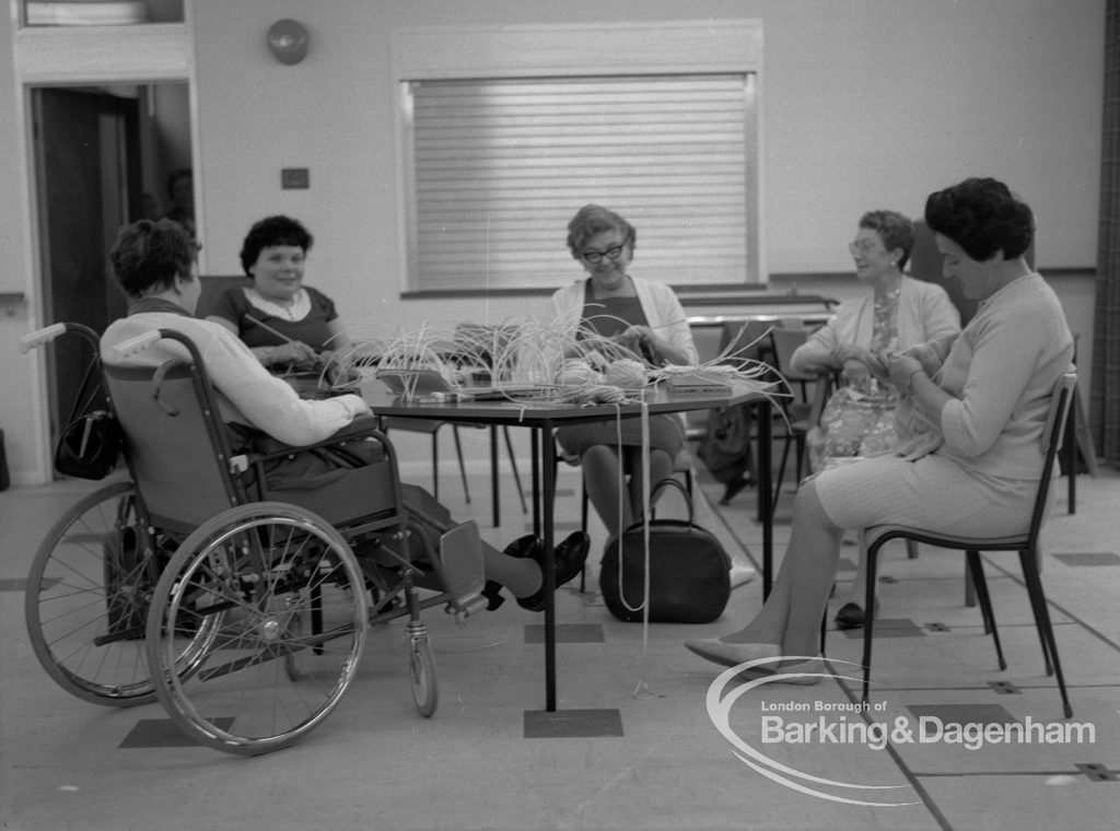 Welfare, showing Leys Avenue Occupational Centre for the Physically Handicapped, Dagenham, with patients making baskets at table, 1968