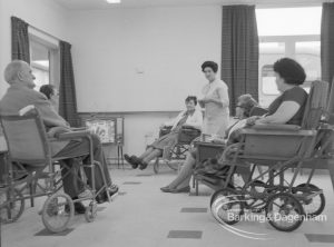 Welfare, showing Leys Avenue Occupational Centre for the Physically Handicapped, Dagenham, with patients and member of staff in the television room, 1968