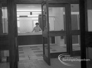 Welfare, showing Leys Avenue Occupational Centre for the Physically Handicapped, Dagenham, with reception desk seen from main entrance, 1968