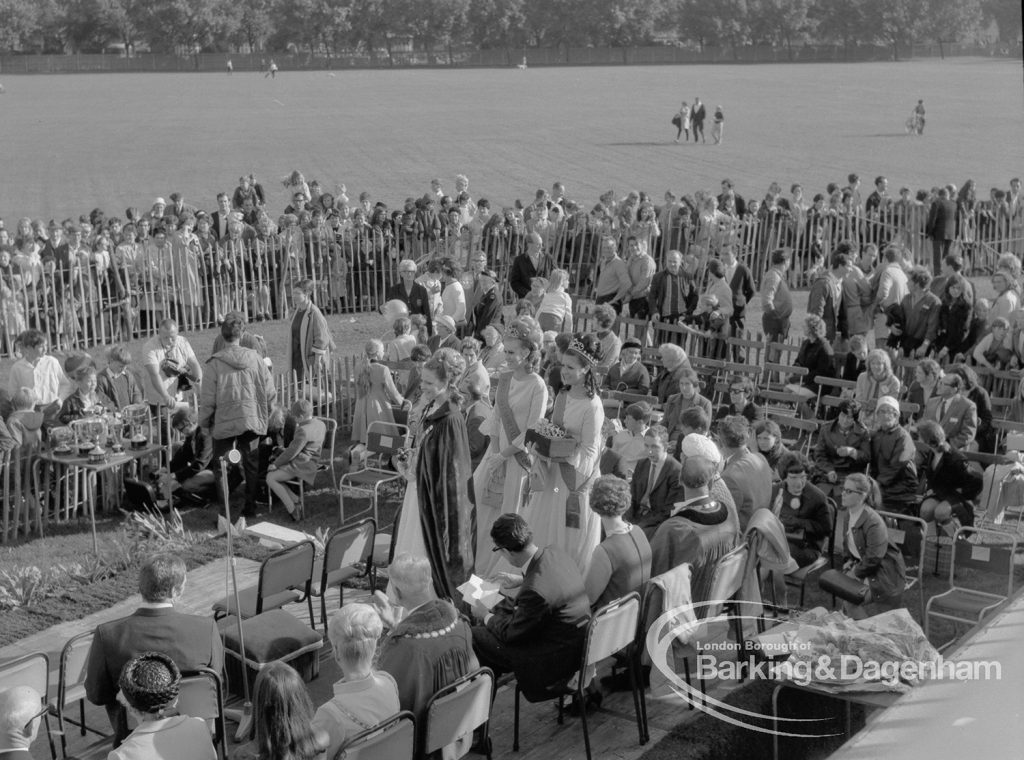 Barking Carnival 1968, showing visitors and beauty queens, looking from above, 1968