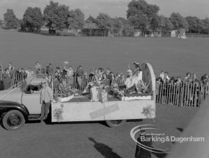 Barking Carnival 1968, showing float with beauty queen passing dais, 1968