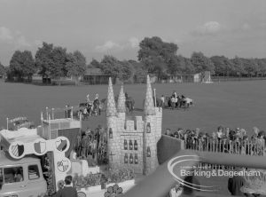 Barking Carnival 1968, showing castle on float in park, 1968
