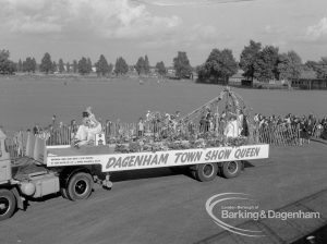 Barking Carnival 1968, showing arrival of Dagenham Town Show Queen float, 1968