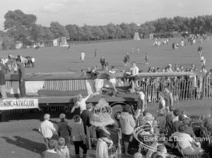 Barking Carnival 1968, showing Rowing and Athletic Club float and spectators in park, 1968
