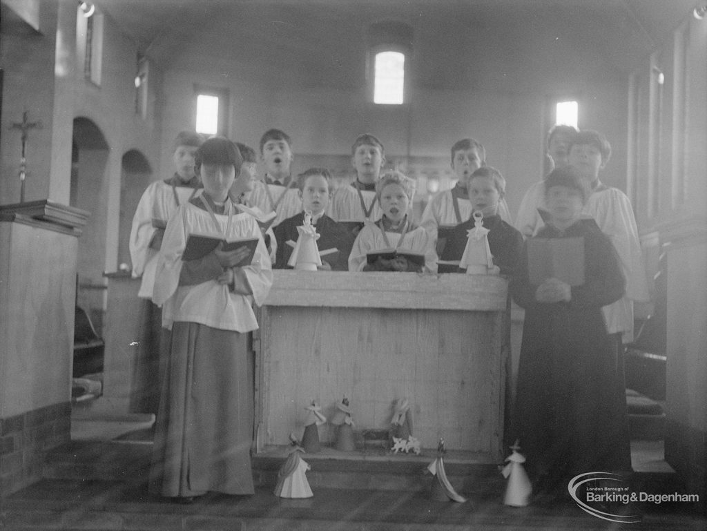 St Peter’s Church, Warrington Road, Dagenham, showing choir and crib, 1968