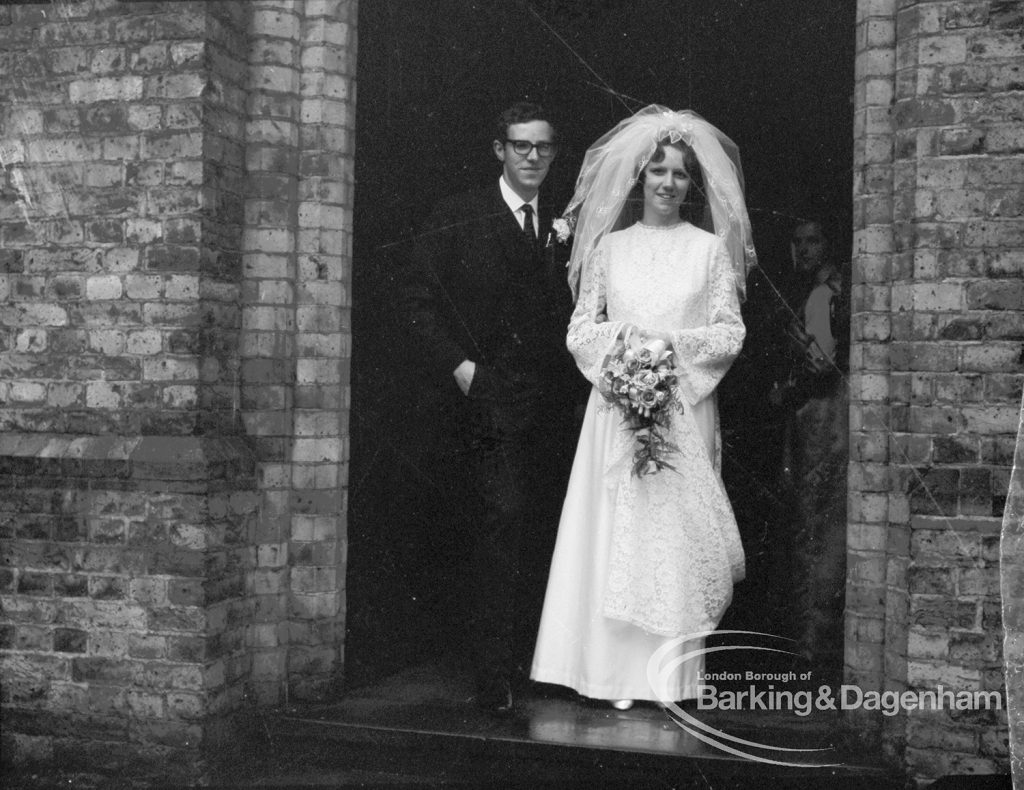 London Borough of Barking Libraries staff, showing wedding of Miss Kay Smith and Mr Martin Kruper at Church in Dagenham, 1968