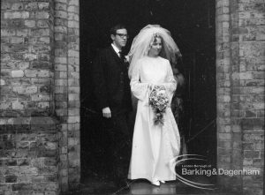 London Borough of Barking Libraries staff, showing wedding of Miss Kay Smith and Mr Martin Kruper at Church in Dagenham, 1968