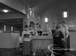 St Peter’s Church, Warrington Road, Dagenham, showing choir and crib, 1968