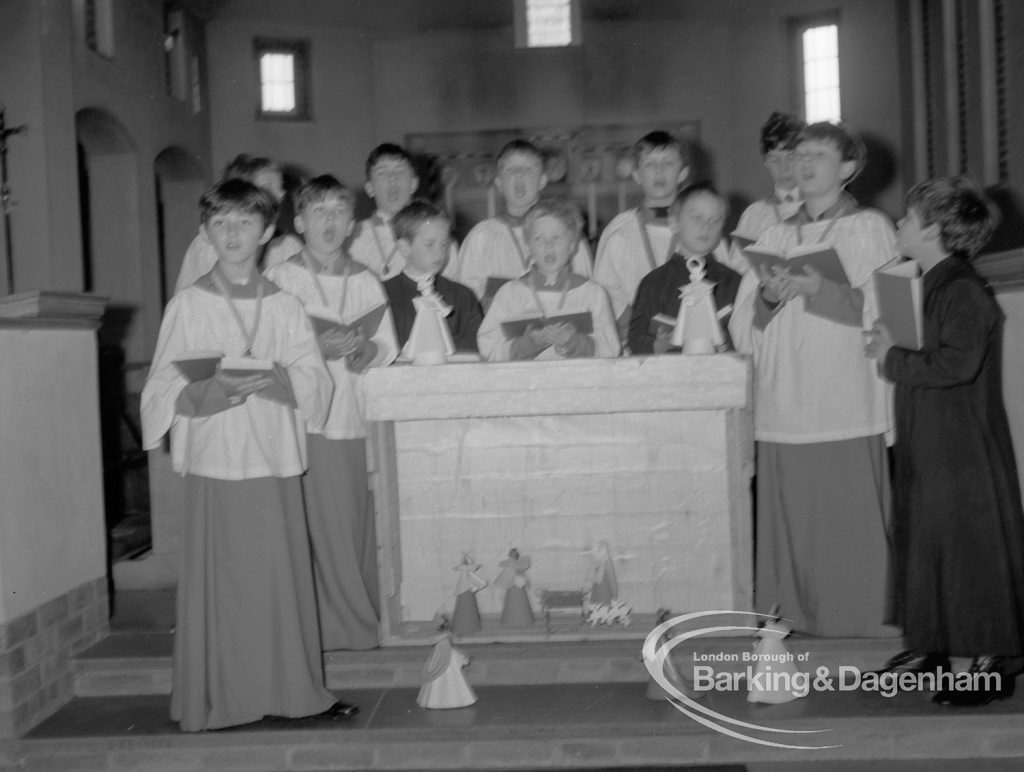 St Peter’s Church, Warrington Road, Dagenham, showing choir and crib, 1968