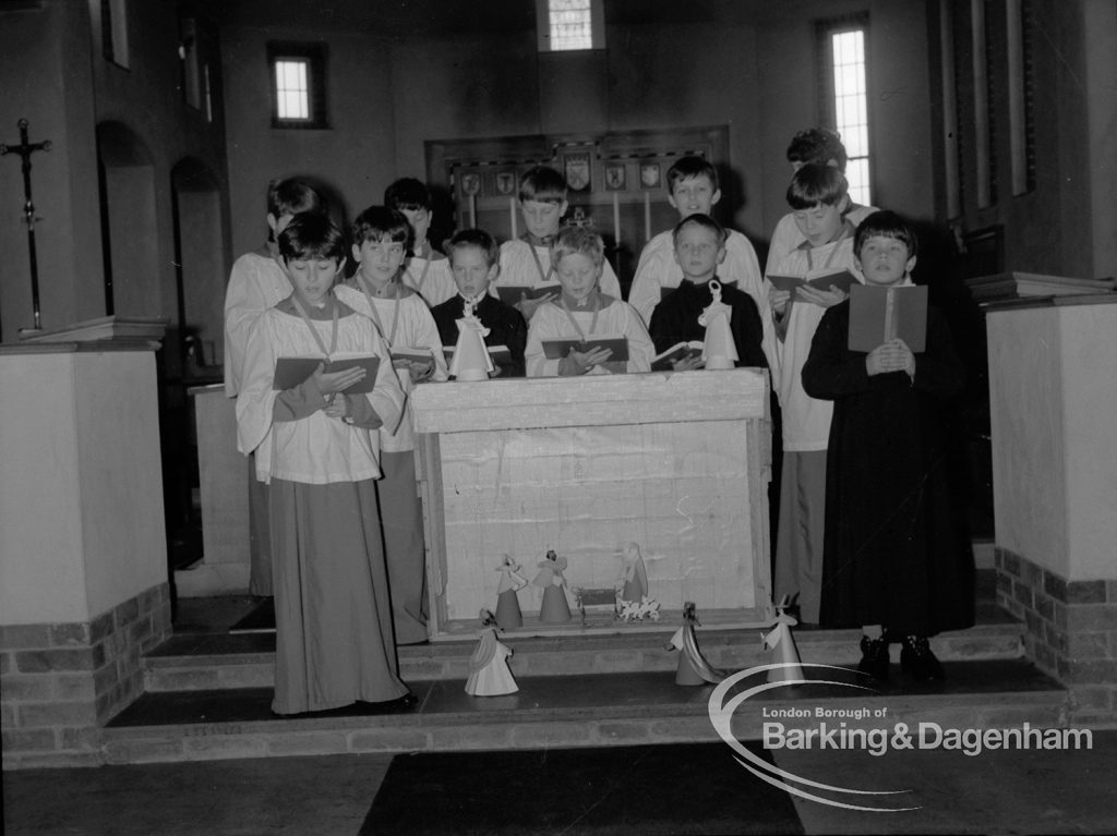 St Peter’s Church, Warrington Road, Dagenham, showing choir and crib, 1968