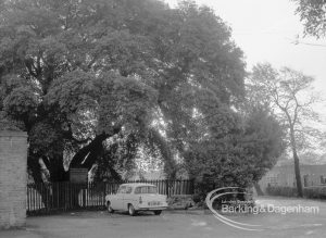 Environs of Valence House, Becontree Avenue, Dagenham, showing exit (trees left and right) past moat, 1968