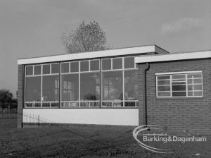Children’s section at Rectory Library, Dagenham from south-east, whilst building being treated externally by American process, 1968