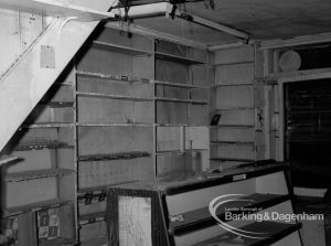 London Borough of Barking Town Clerk’s Department, showing small shelved room at rat-infested building in Rainham Road South, Dagenham on day before demolition, 1968