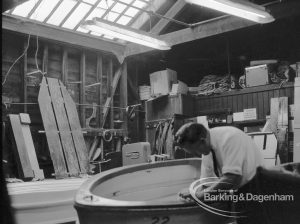 Barking Park Boat House Appeal to Ministry, showing interior of boatbuilding shed, south-west corner, 1968