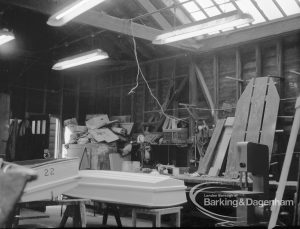Barking Park Boat House Appeal to Ministry, showing interior of boatbuilding shed, north-west corner, 1968