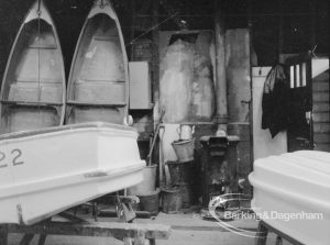 Barking Park Boat House Appeal to Ministry, showing interior of boatbuilding shed looking west, with old coke store in middle, 1968