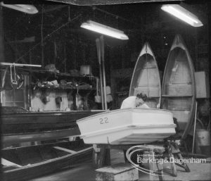 Barking Park Boat House Appeal to Ministry, showing paint bench in south-west corner of boatbuilding shed, 1968